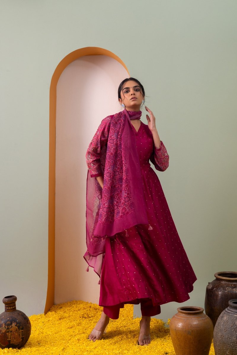 PAYAL Fadango Pink Kalidar Suit Set with Intricate Khat Embroidery - Payal