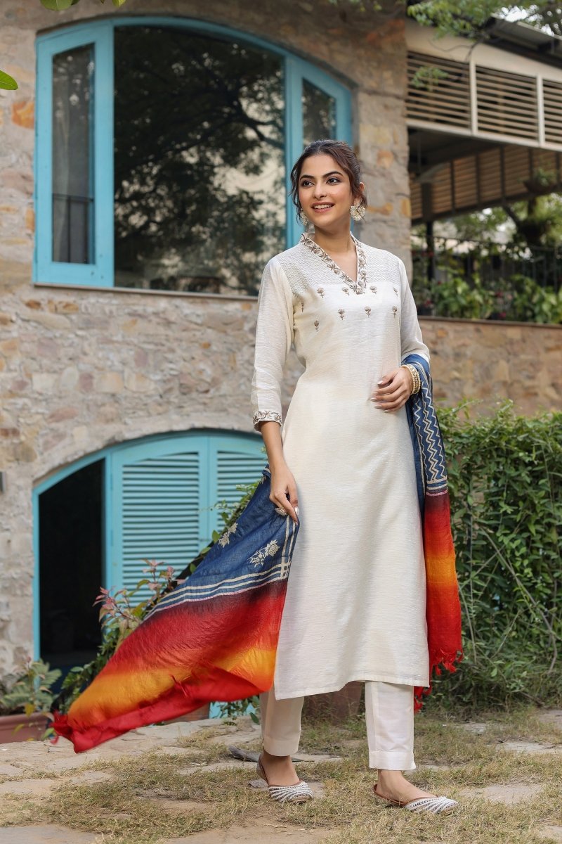 PAYAL Festive White Kurta Suit Set with Tussar Silk Dupatta - Payal