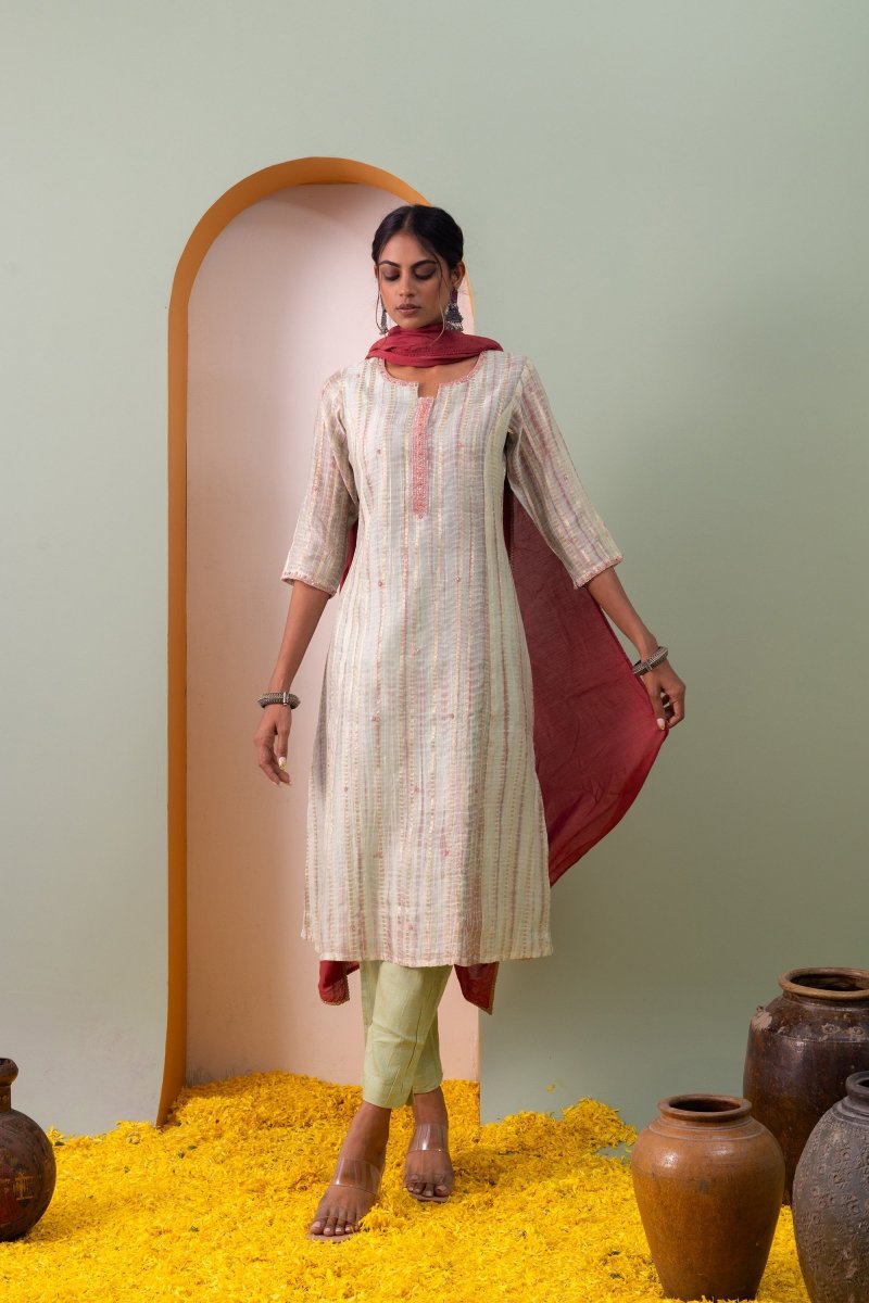 PAYAL Grey Silk Kurta Suit Set with Exquisite Khat Detailing - Payal