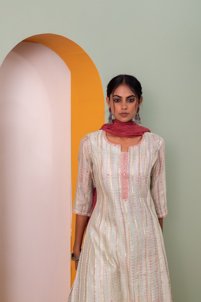 PAYAL Grey Silk Kurta Suit Set with Exquisite Khat Detailing - Payal