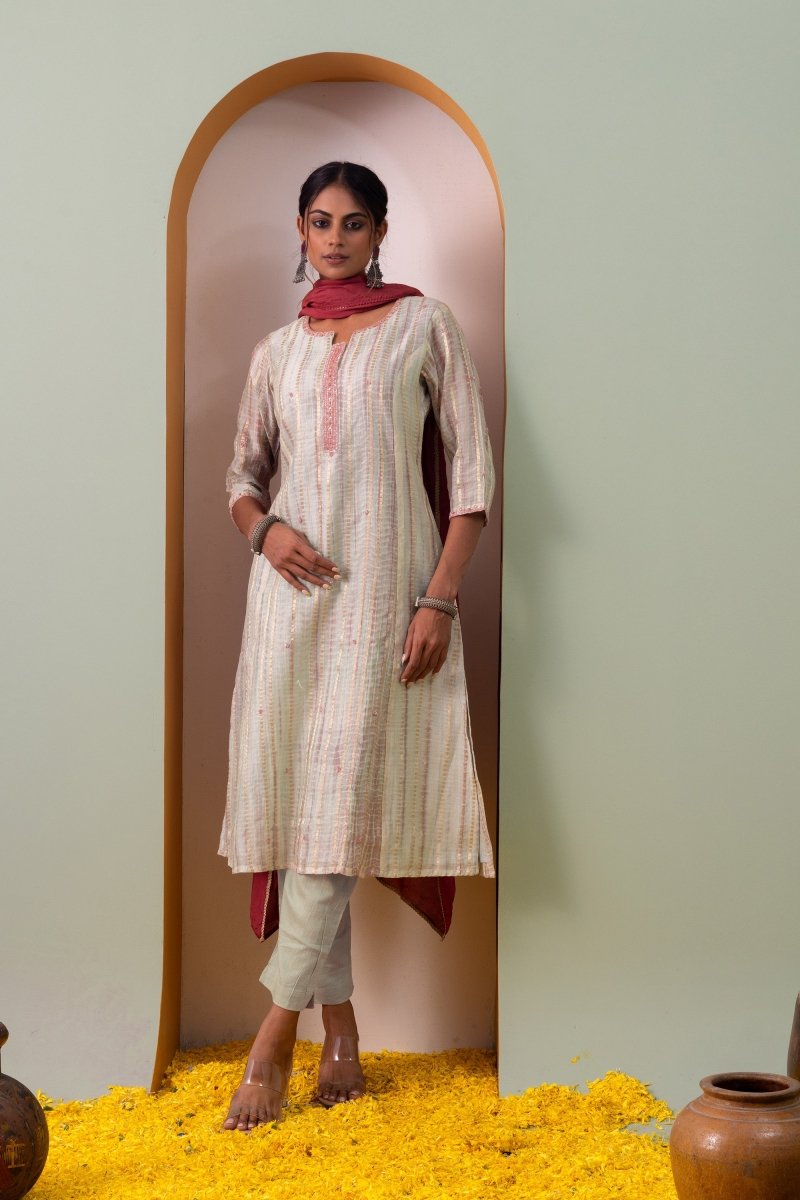 PAYAL Grey Silk Kurta Suit Set with Exquisite Khat Detailing - Payal