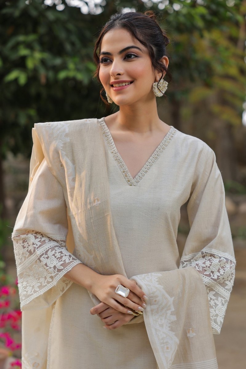 PAYAL Jamdani Beige Kurta Suit Set with Floral Embroidery - Payal