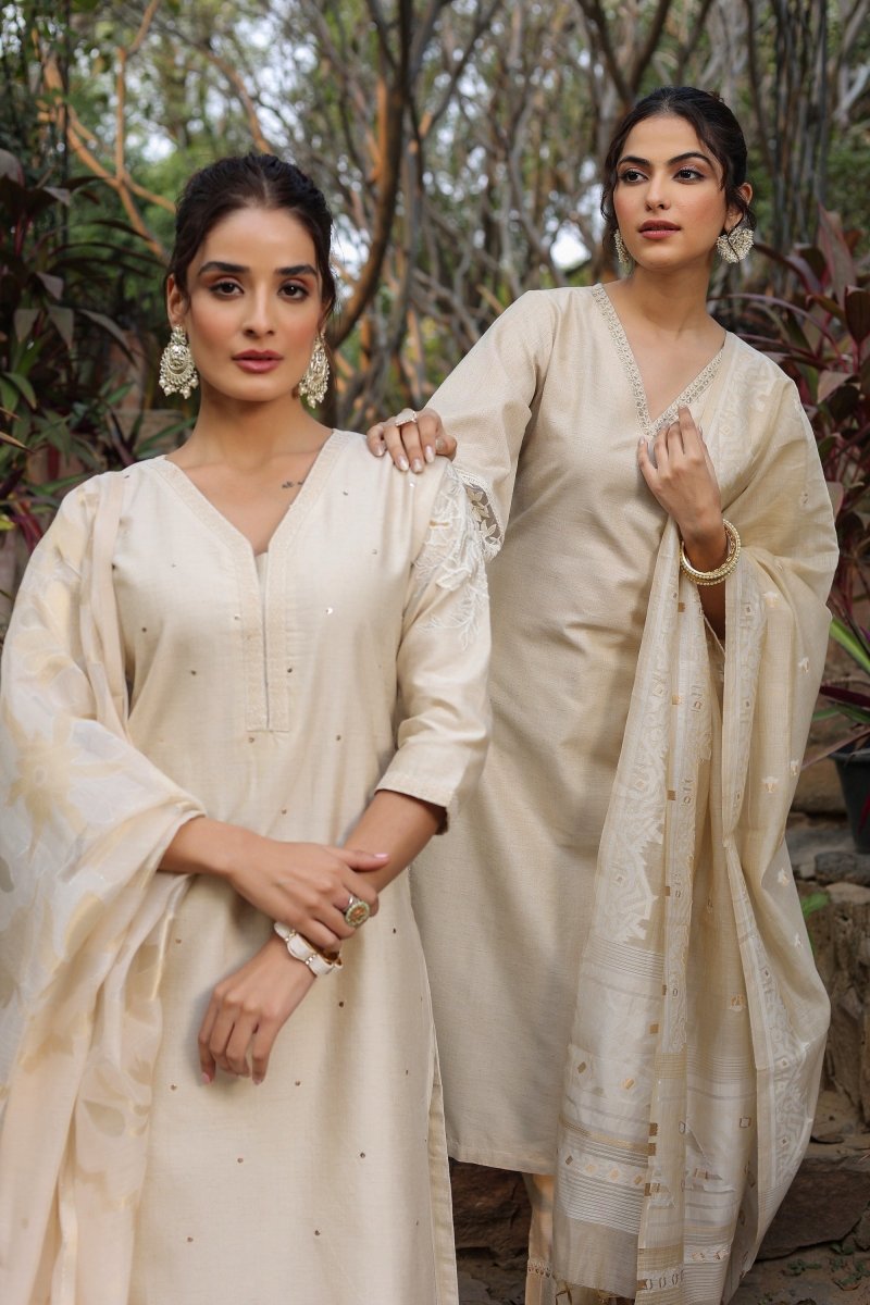 PAYAL Jamdani Beige Kurta Suit Set with Floral Embroidery - Payal