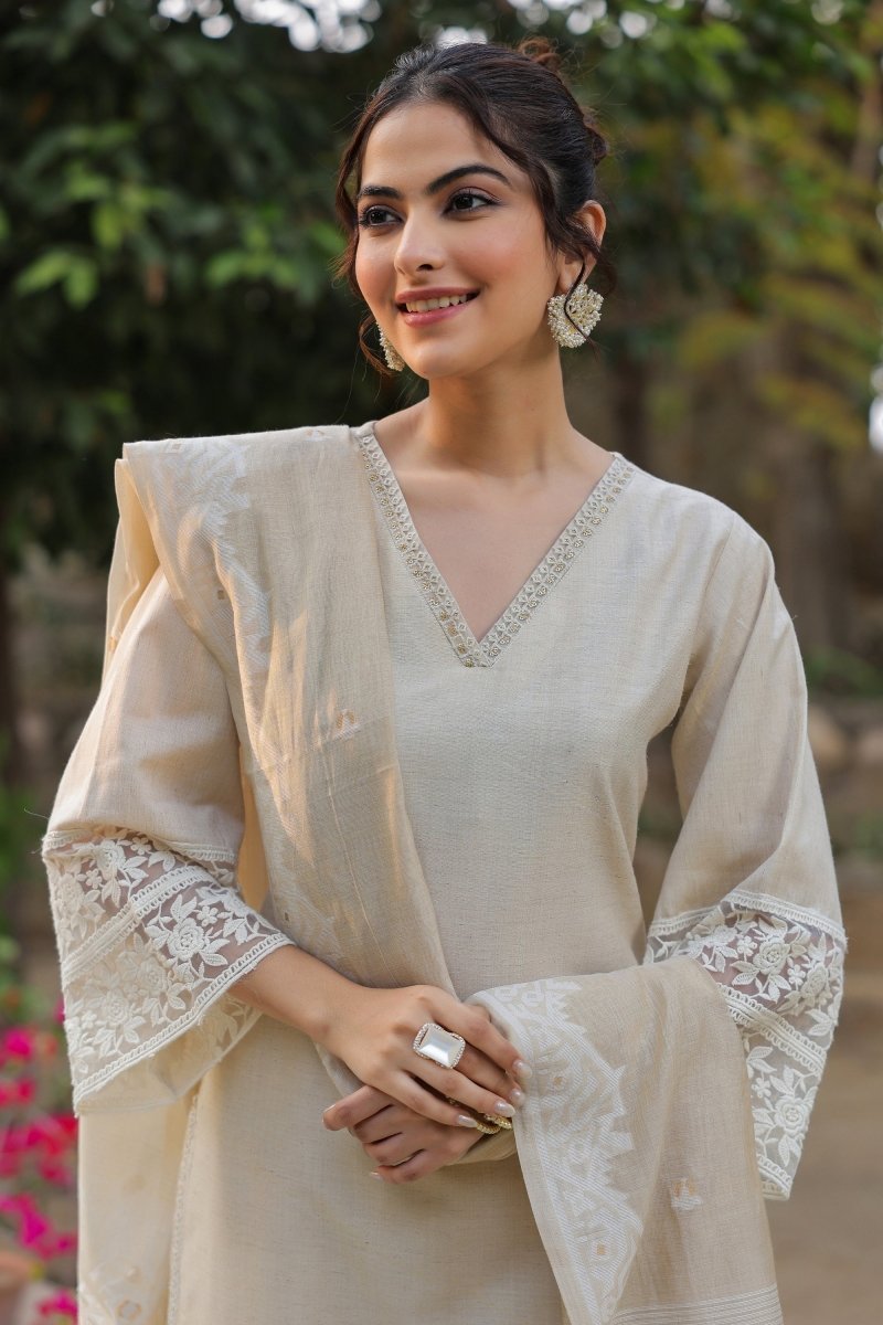 PAYAL Jamdani Beige Kurta Suit Set with Floral Embroidery - Payal