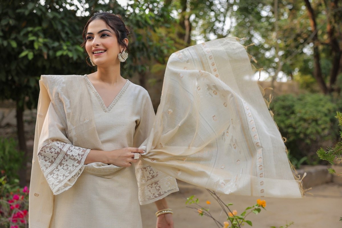 PAYAL Jamdani Beige Kurta Suit Set with Floral Embroidery - Payal