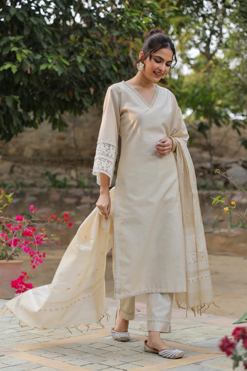 PAYAL Jamdani Beige Kurta Suit Set with Floral Embroidery - Payal