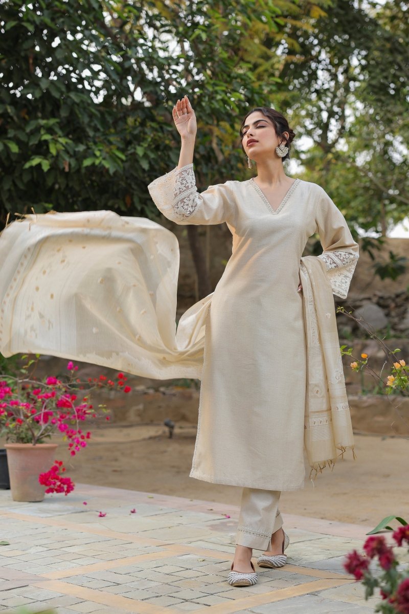 PAYAL Jamdani Beige Kurta Suit Set with Floral Embroidery - Payal