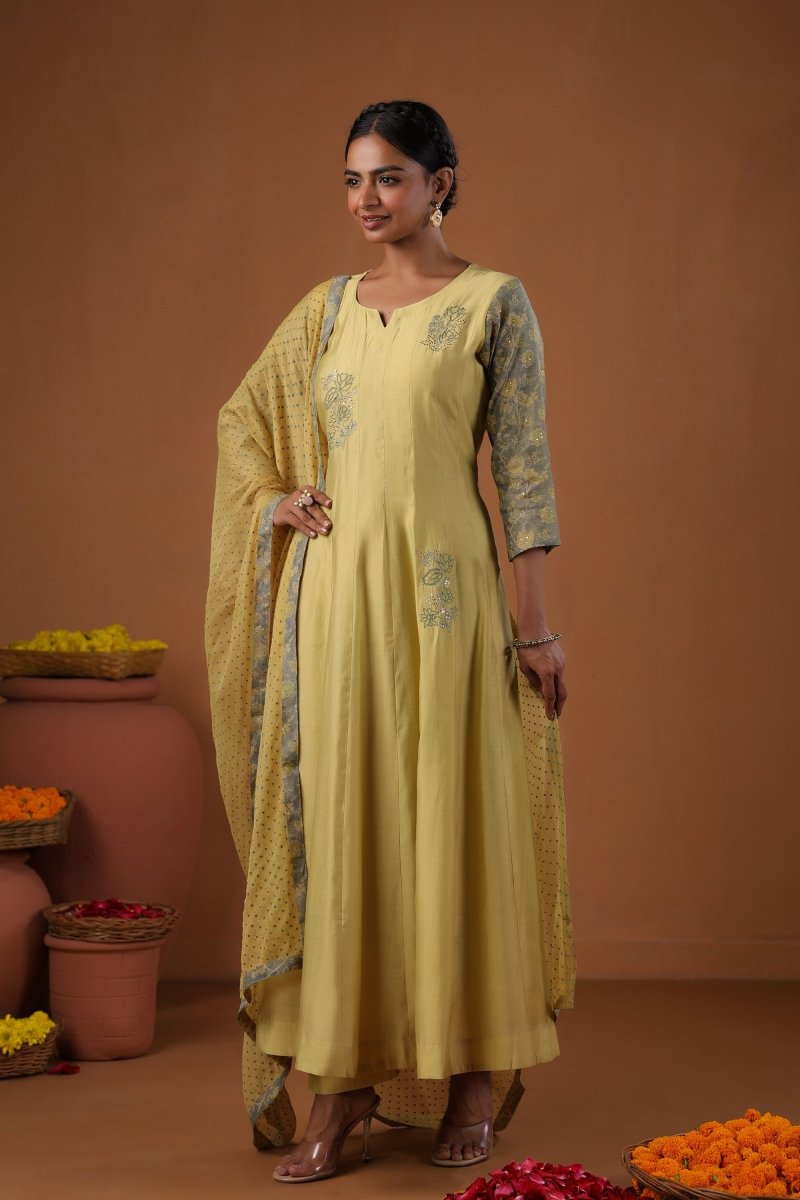 PAYAL Laguna Yellow Kalidar Suit Set with Mukaish Embroidery Design - Payal