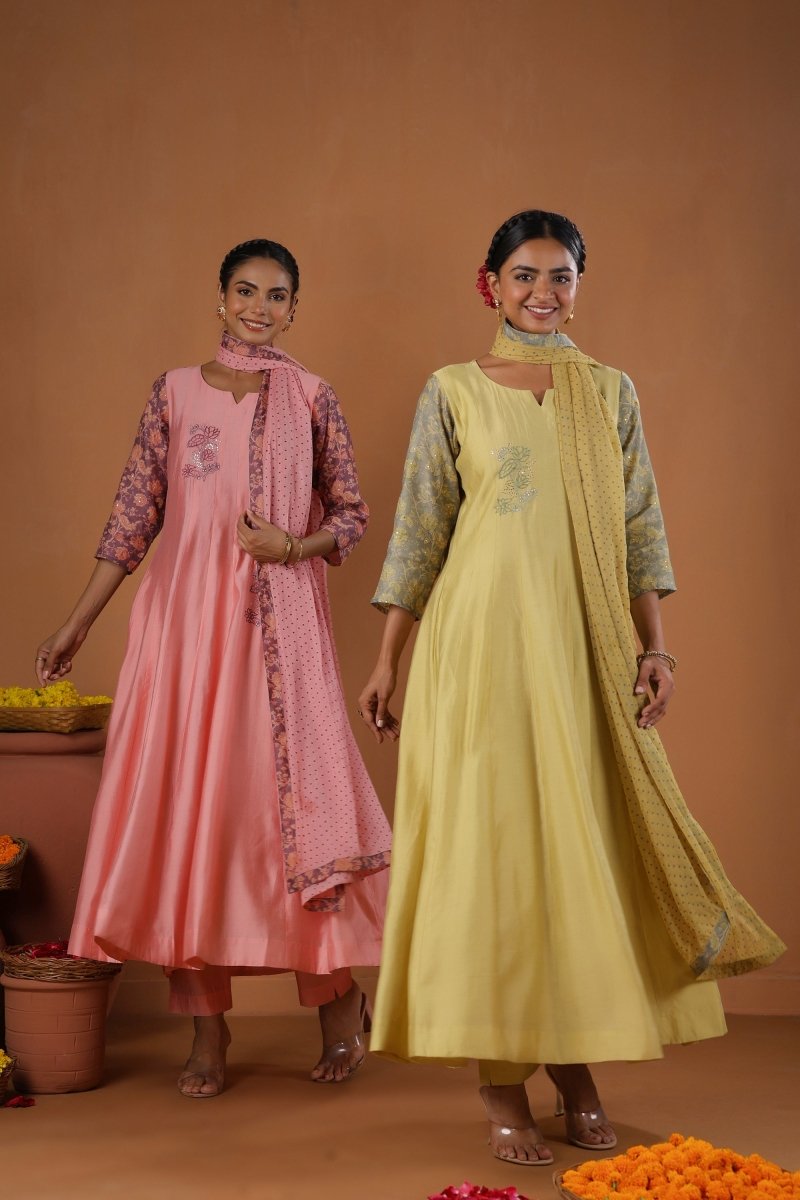 PAYAL Laguna Yellow Kalidar Suit Set with Mukaish Embroidery Design - Payal