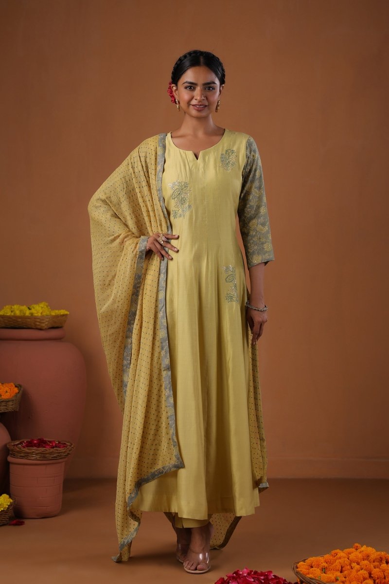 PAYAL Laguna Yellow Kalidar Suit Set with Mukaish Embroidery Design - Payal