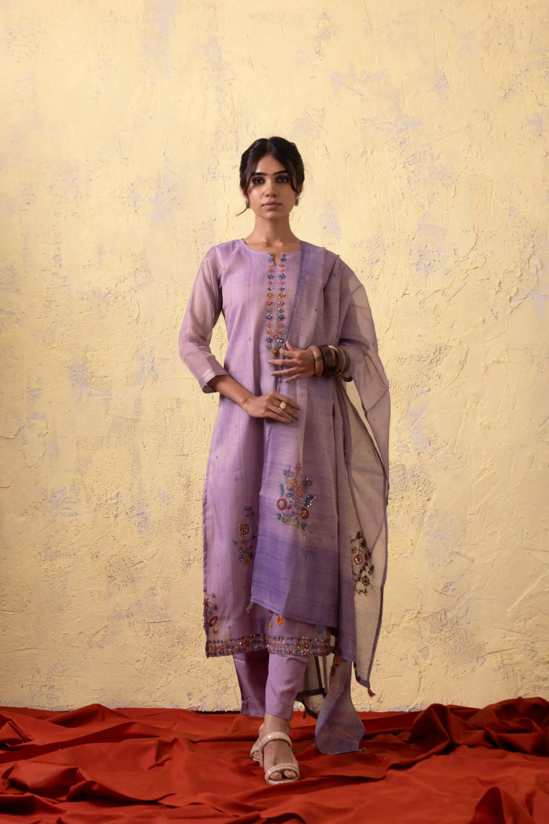 PAYAL Lilac Kurta Suit Set with Khat Work Detailing - Payal