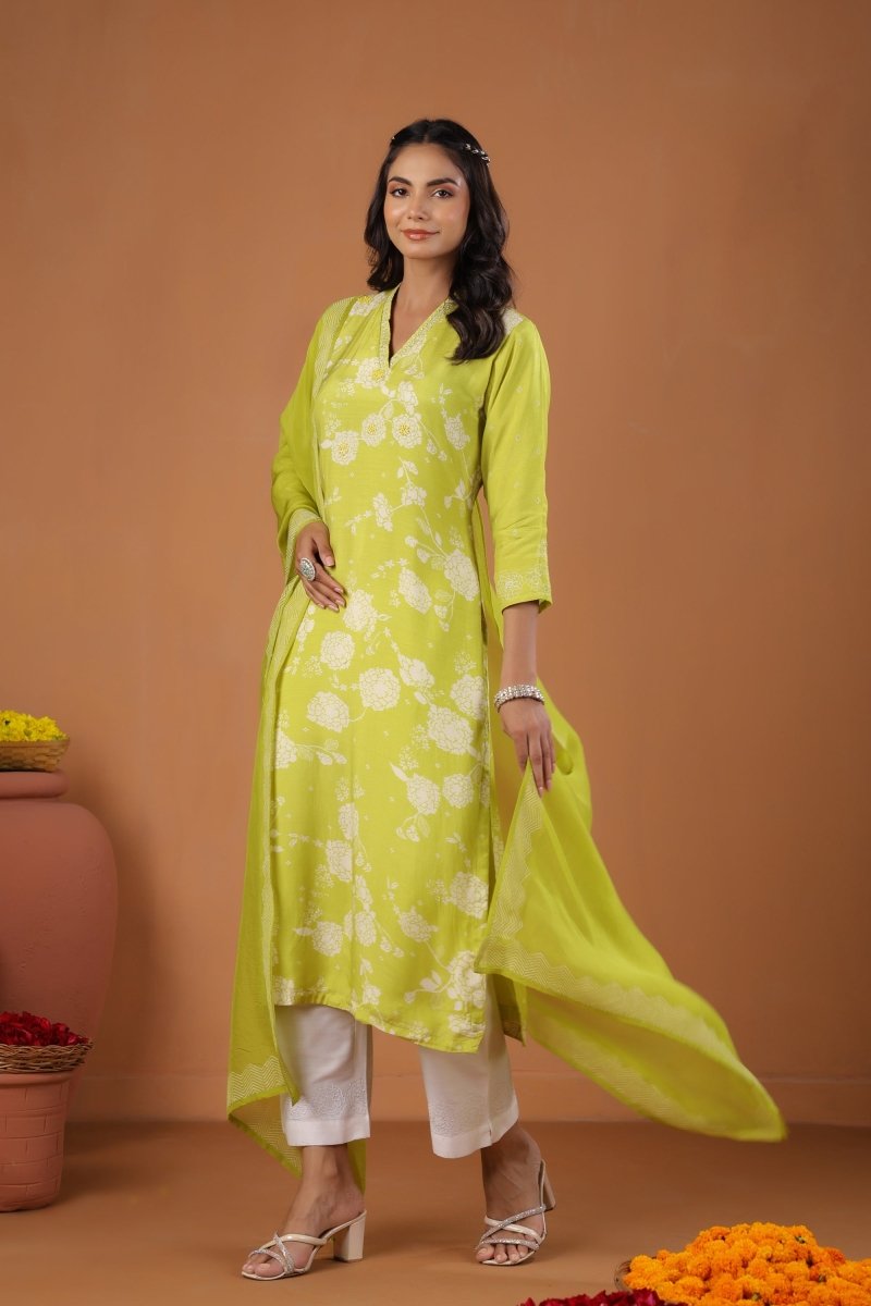 PAYAL Lime Yellow Kurt suit Set with Print Design - Payal