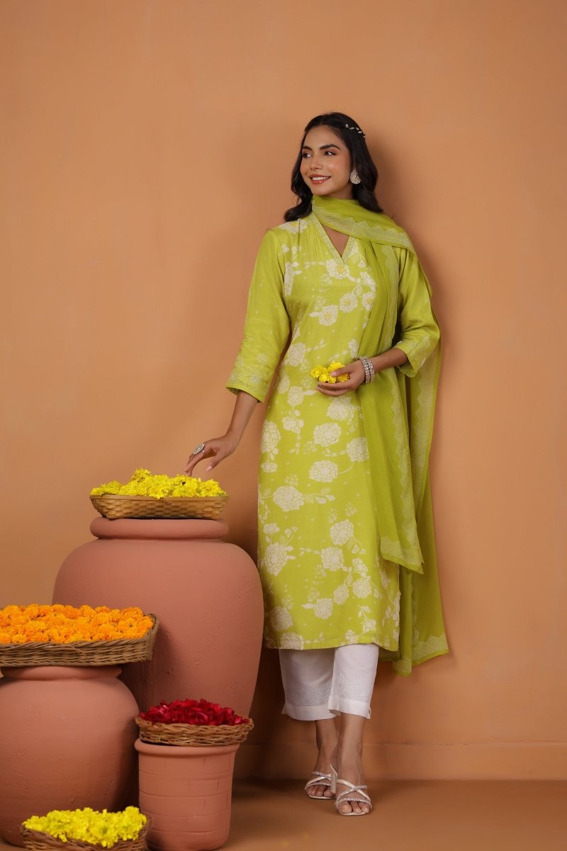 PAYAL Lime Yellow Kurt suit Set with Print Design - Payal