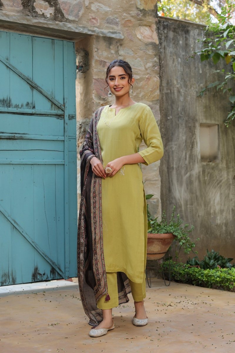 PAYAL Lime Yellow Kurta Suit Set with Deatiled Mukesh Embroidery - Payal