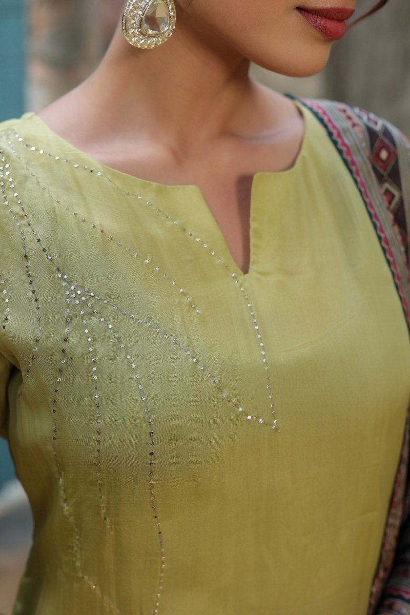 PAYAL Lime Yellow Kurta Suit Set with Deatiled Mukesh Embroidery - Payal