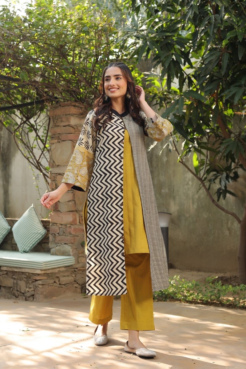 PAYAL Mustard Yellow Kurta Suit Set with Amazing Print Design Jacket - Payal