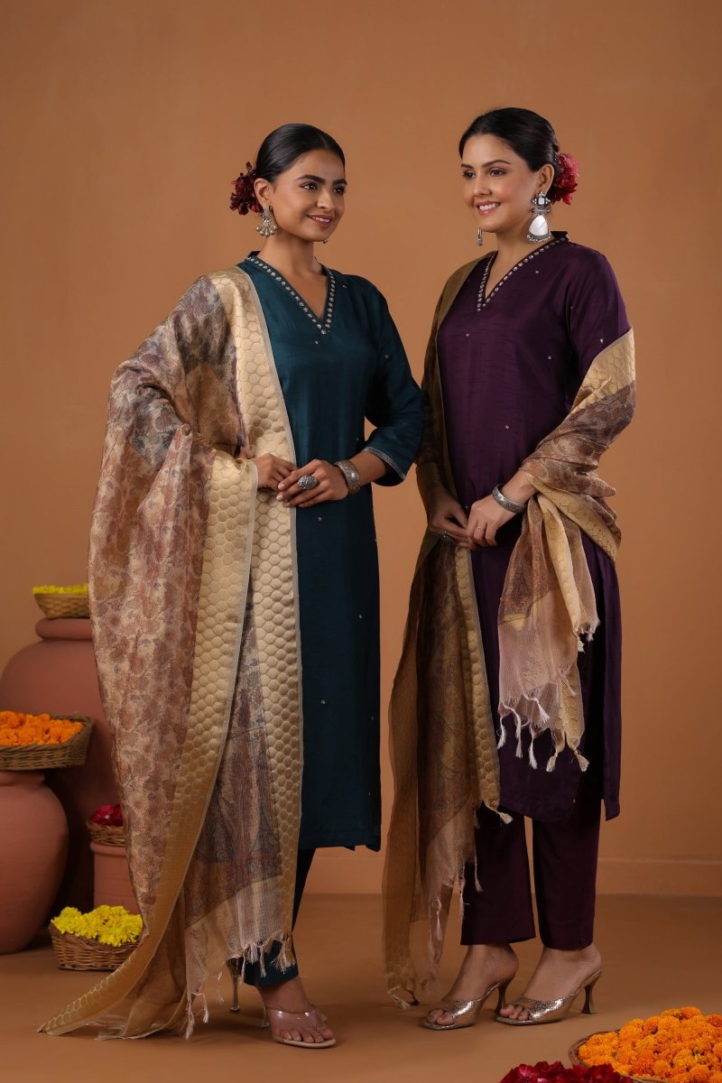 PAYAL Navy Blue Kurta Suit Set with Printed Organza Dupatta - Payal