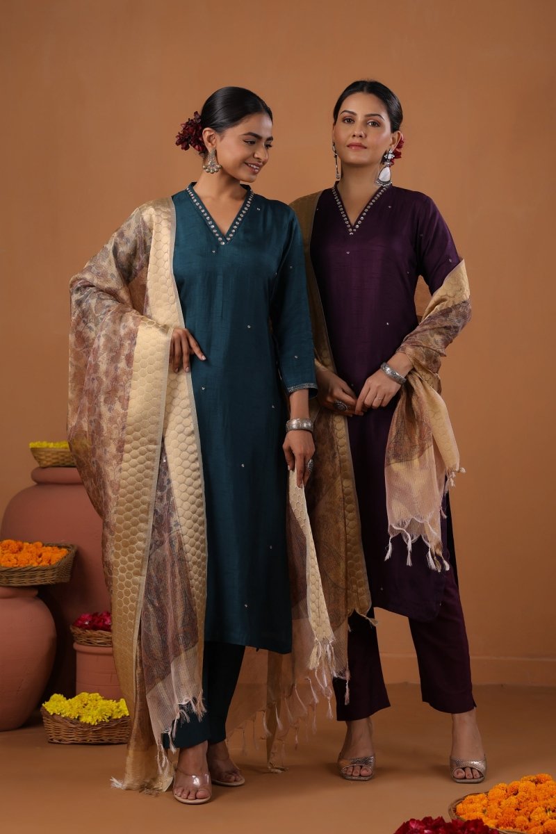 PAYAL Navy Blue Kurta Suit Set with Printed Organza Dupatta - Payal