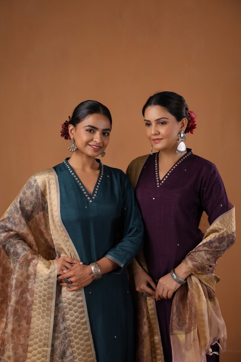 PAYAL Navy Blue Kurta Suit Set with Printed Organza Dupatta - Payal