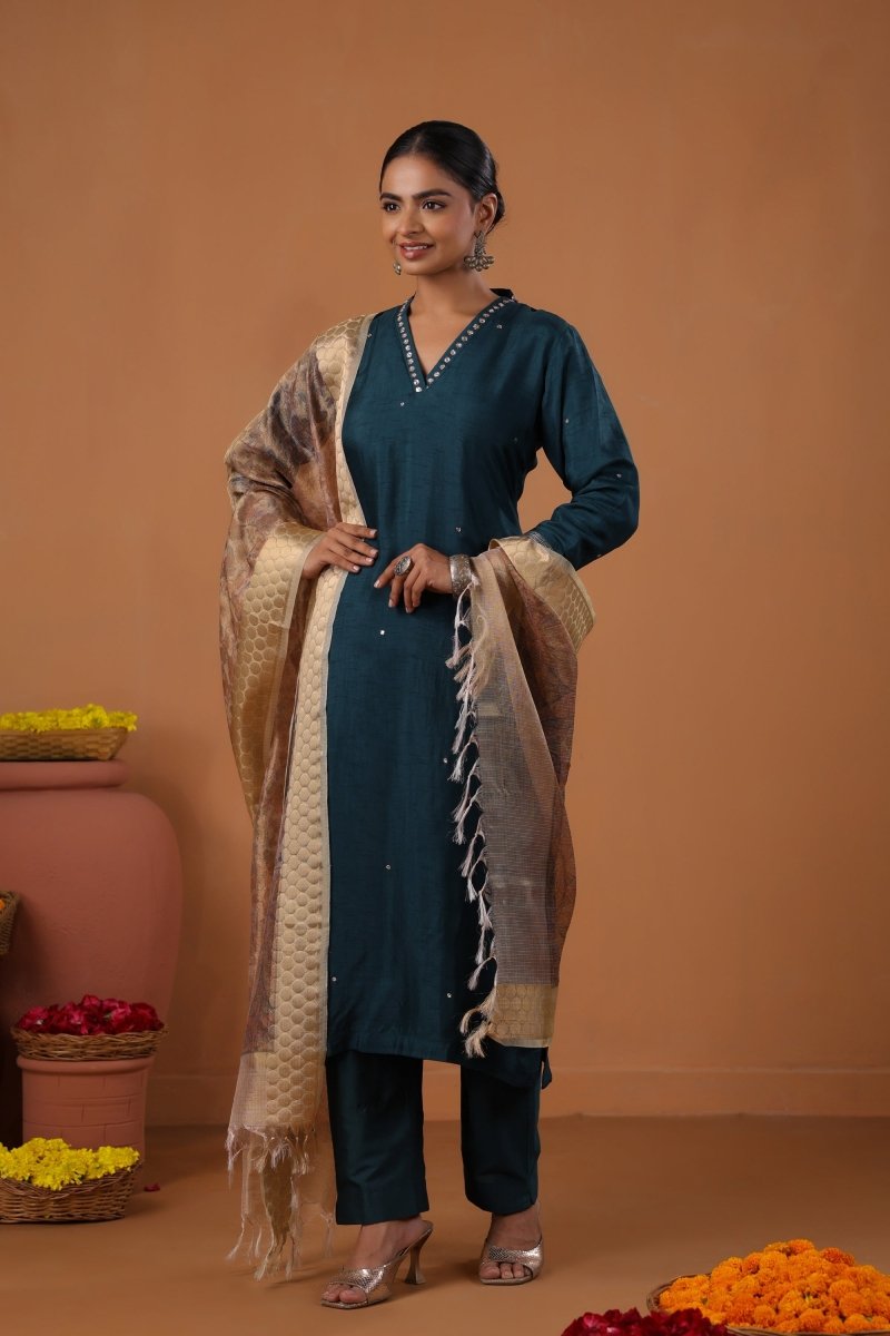 PAYAL Navy Blue Kurta Suit Set with Printed Organza Dupatta - Payal