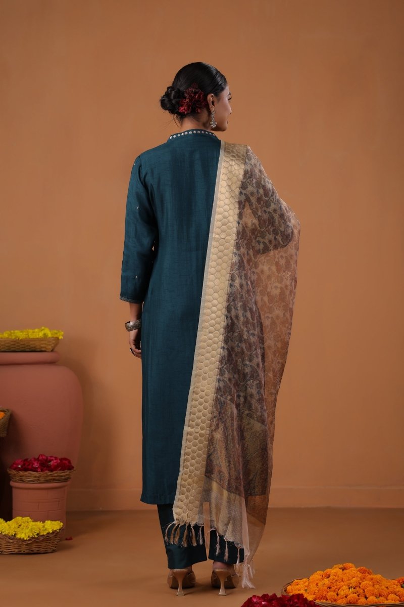 PAYAL Navy Blue Kurta Suit Set with Printed Organza Dupatta - Payal