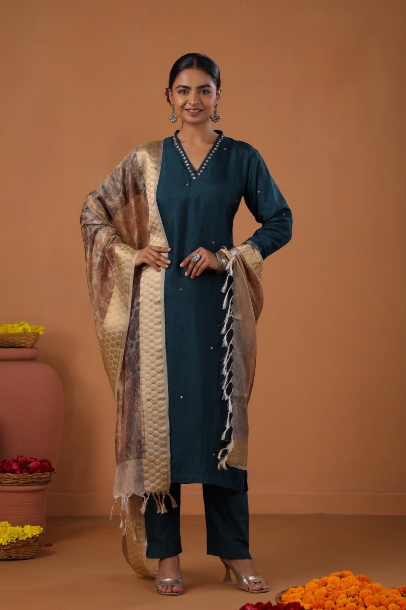 PAYAL Navy Blue Kurta Suit Set with Printed Organza Dupatta - Payal