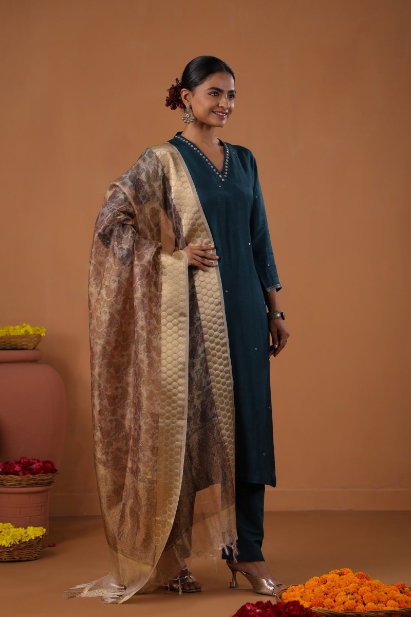 PAYAL Navy Blue Kurta Suit Set with Printed Organza Dupatta - Payal