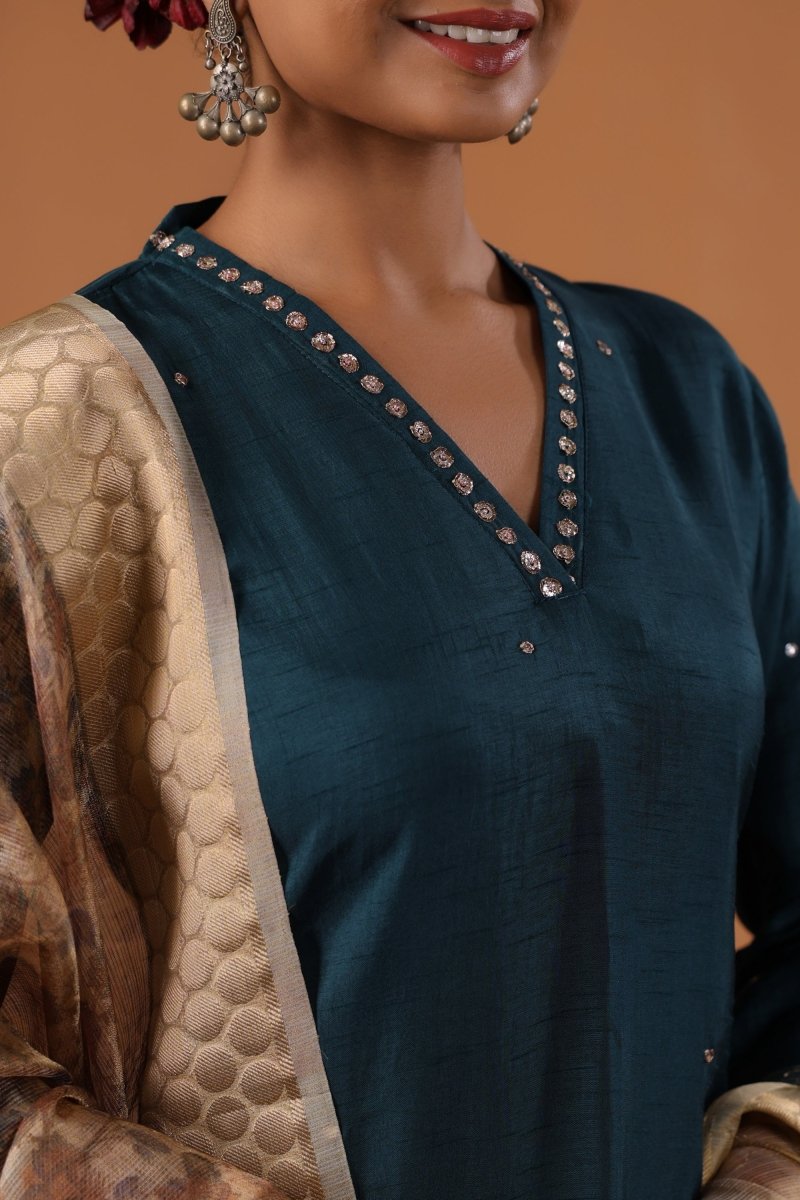 PAYAL Navy Blue Kurta Suit Set with Printed Organza Dupatta - Payal