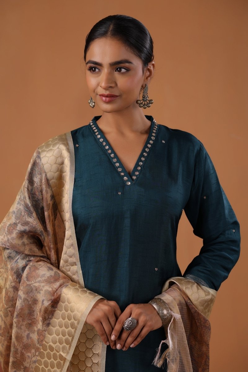 PAYAL Navy Blue Kurta Suit Set with Printed Organza Dupatta - Payal