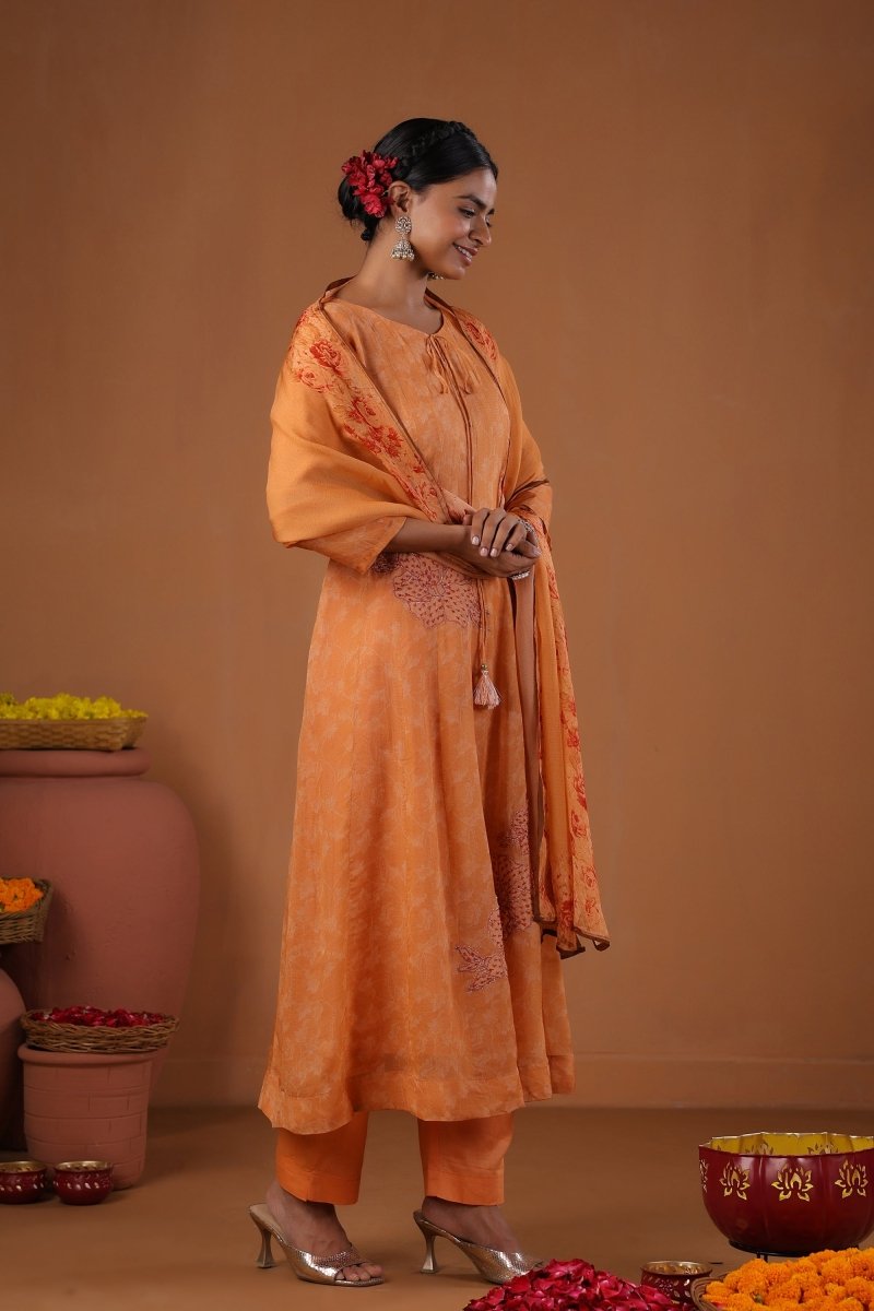 PAYAL Ochre Kalidar Festive Suit Set with Print & Embroidery Detailing - Payal