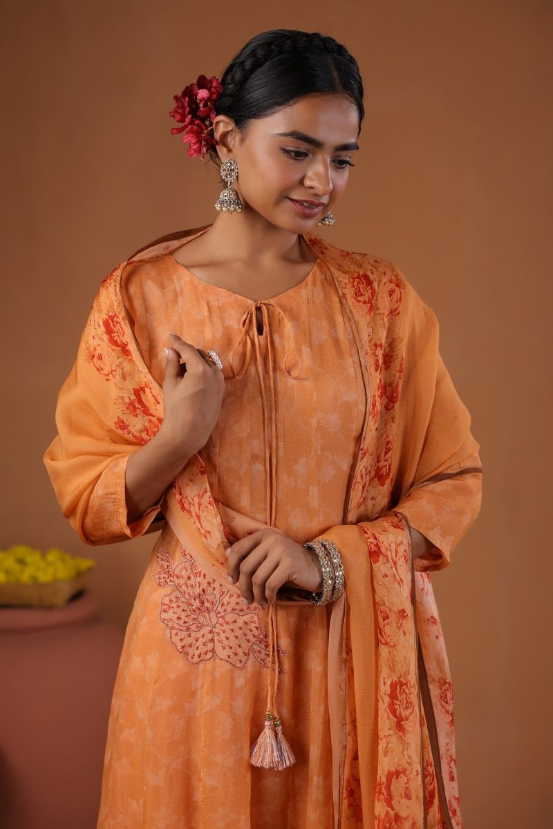PAYAL Ochre Kalidar Festive Suit Set with Print & Embroidery Detailing - Payal