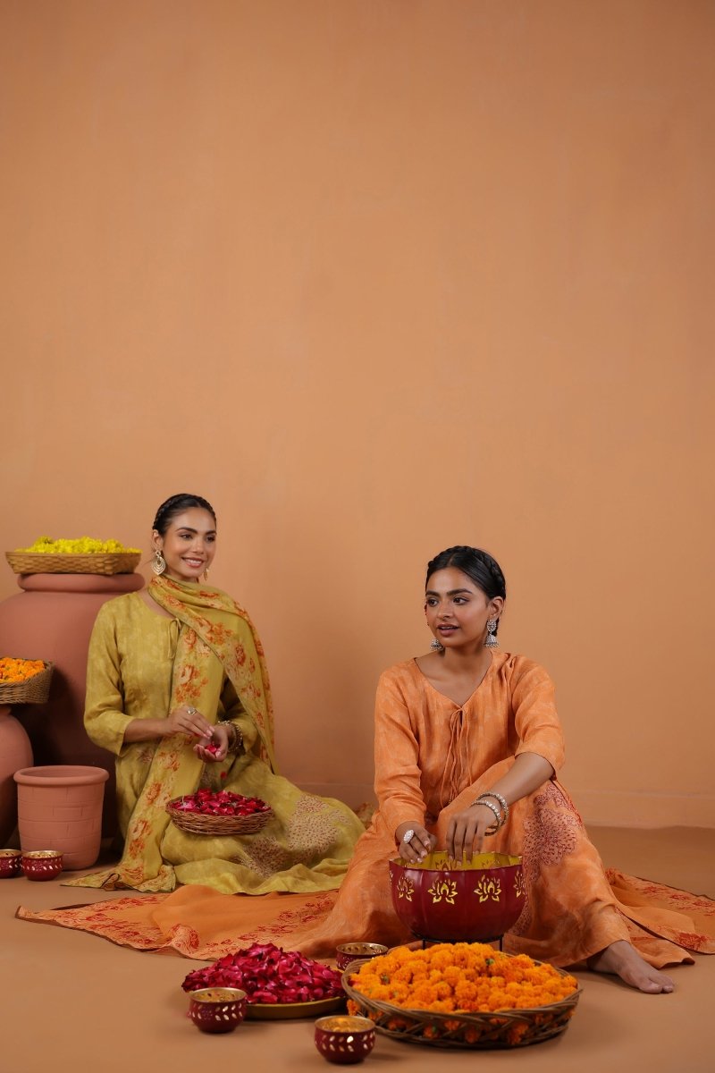 PAYAL Ochre Kalidar Festive Suit Set with Print & Embroidery Detailing - Payal