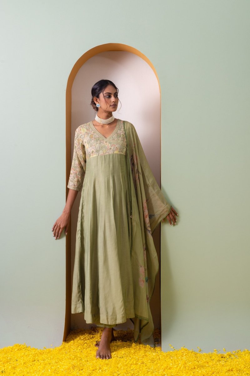 PAYAL Olive Green Kalidar Suit Set with Printed Organza Dupatta - Payal