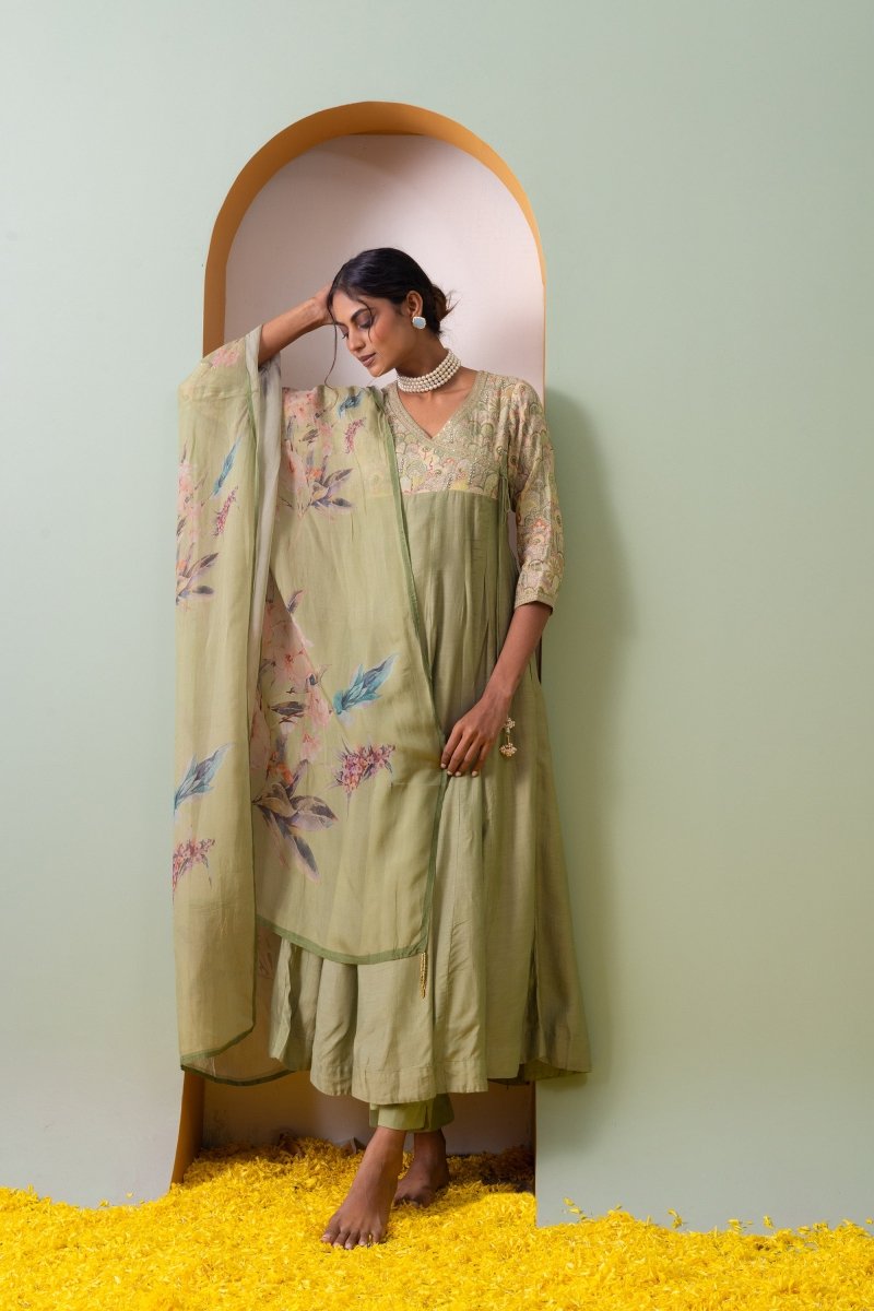 PAYAL Olive Green Kalidar Suit Set with Printed Organza Dupatta - Payal