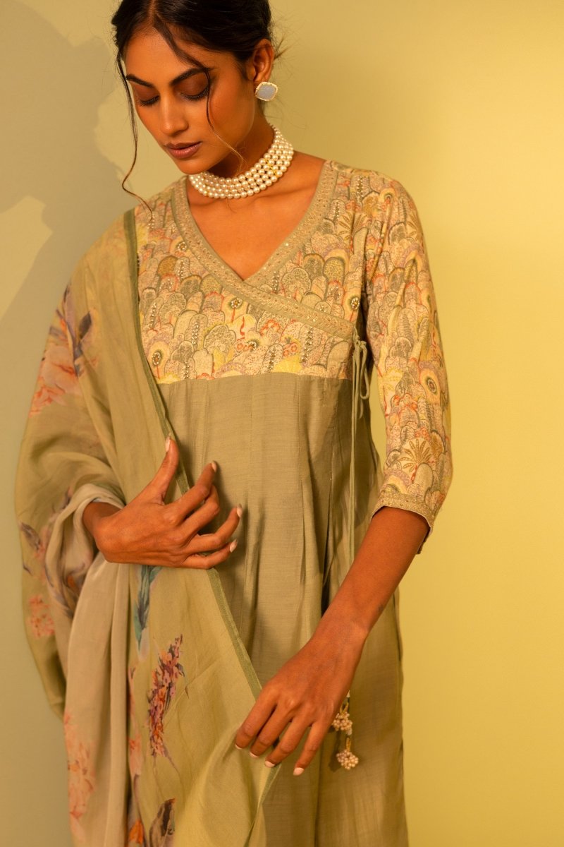 PAYAL Olive Green Kalidar Suit Set with Printed Organza Dupatta - Payal