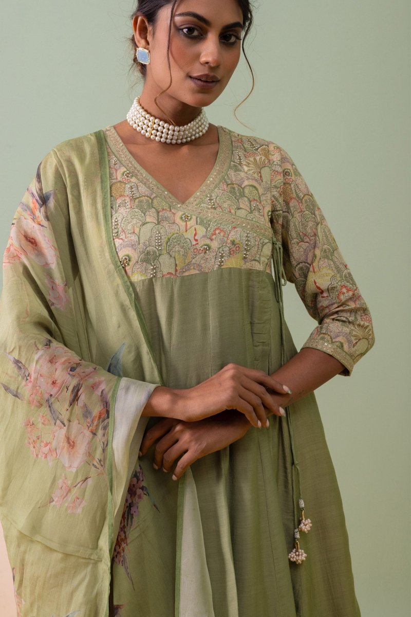 PAYAL Olive Green Kalidar Suit Set with Printed Organza Dupatta - Payal