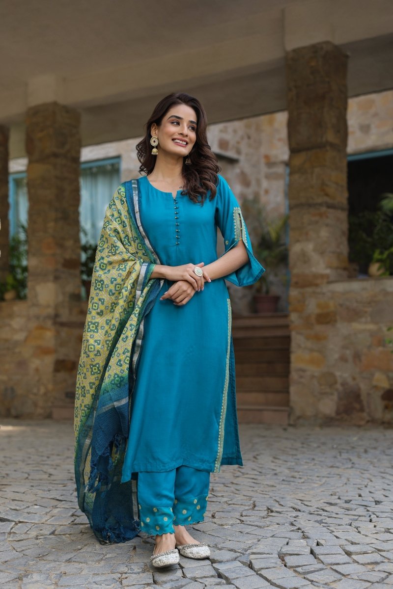 PAYAL Peacock Blue Kurta Suit Set with Cut Sleeve Design - Payal