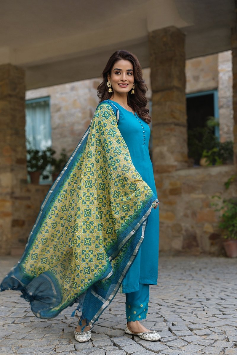 PAYAL Peacock Blue Kurta Suit Set with Cut Sleeve Design - Payal