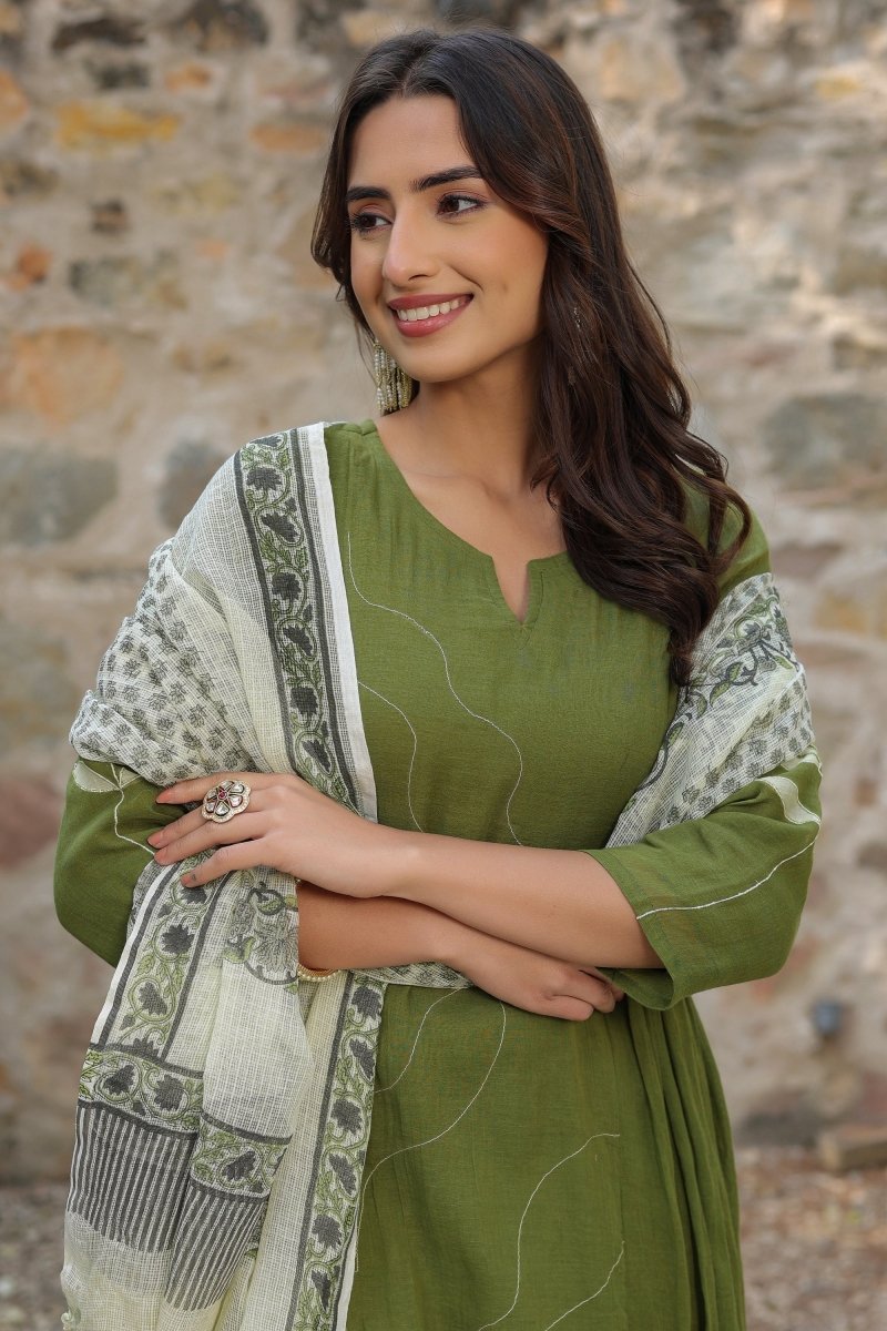 PAYAL Pickle Green Kurta Suit Set with Floral Embroidery - Payal