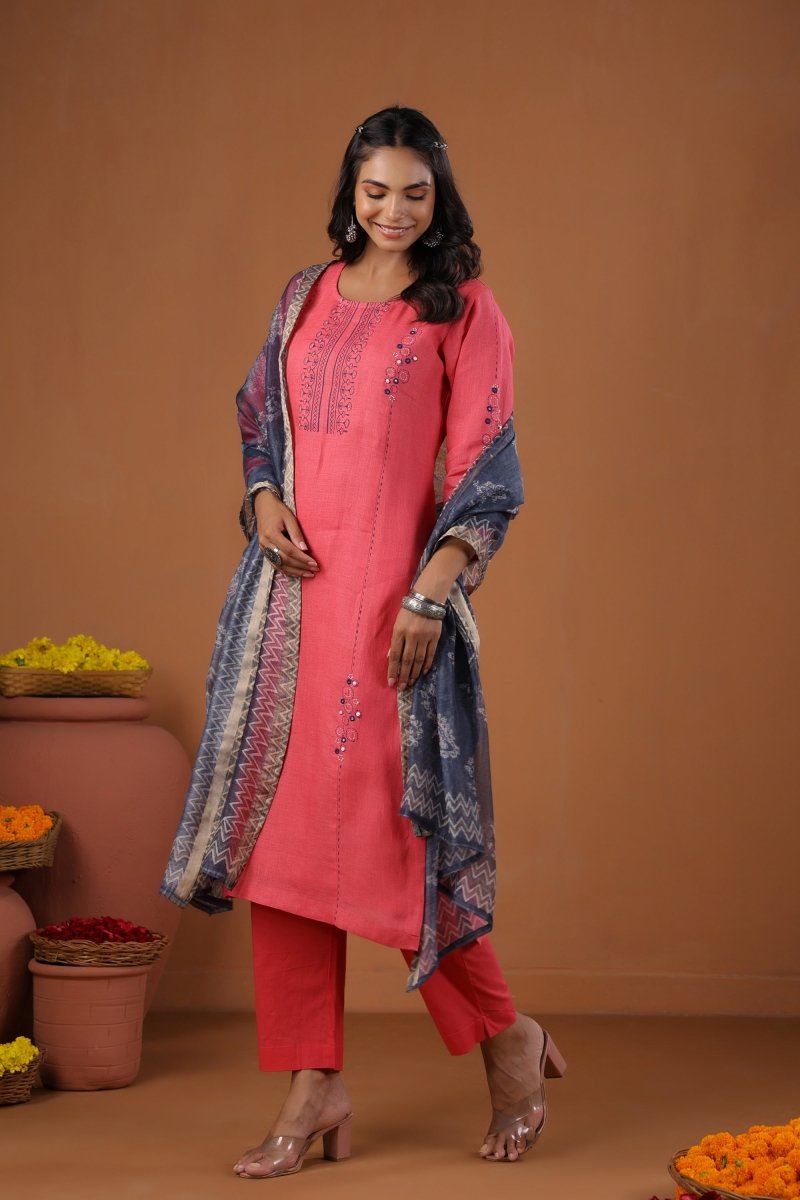 PAYAL Pink Kurta Suit Set with Printed Organza Dupatta - Payal