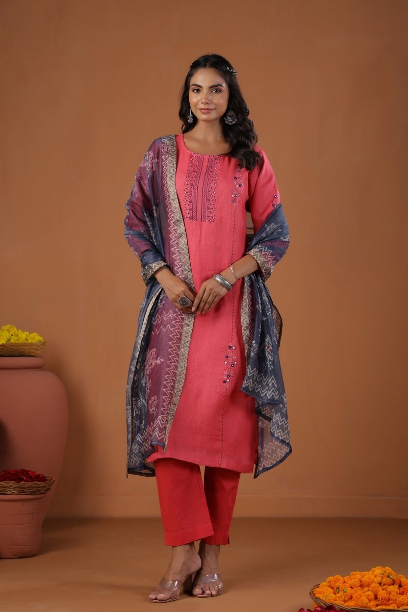 PAYAL Pink Kurta Suit Set with Printed Organza Dupatta - Payal
