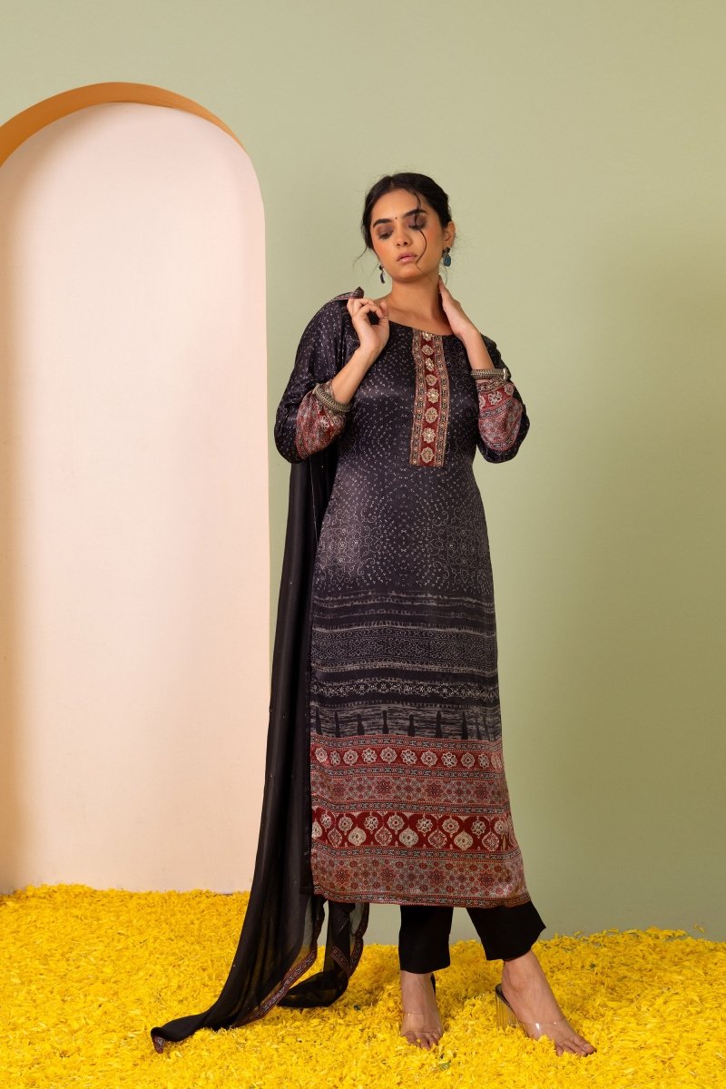 PAYAL Raven Black Kurta Suit Set with Delicate Khat Embroidery - Payal