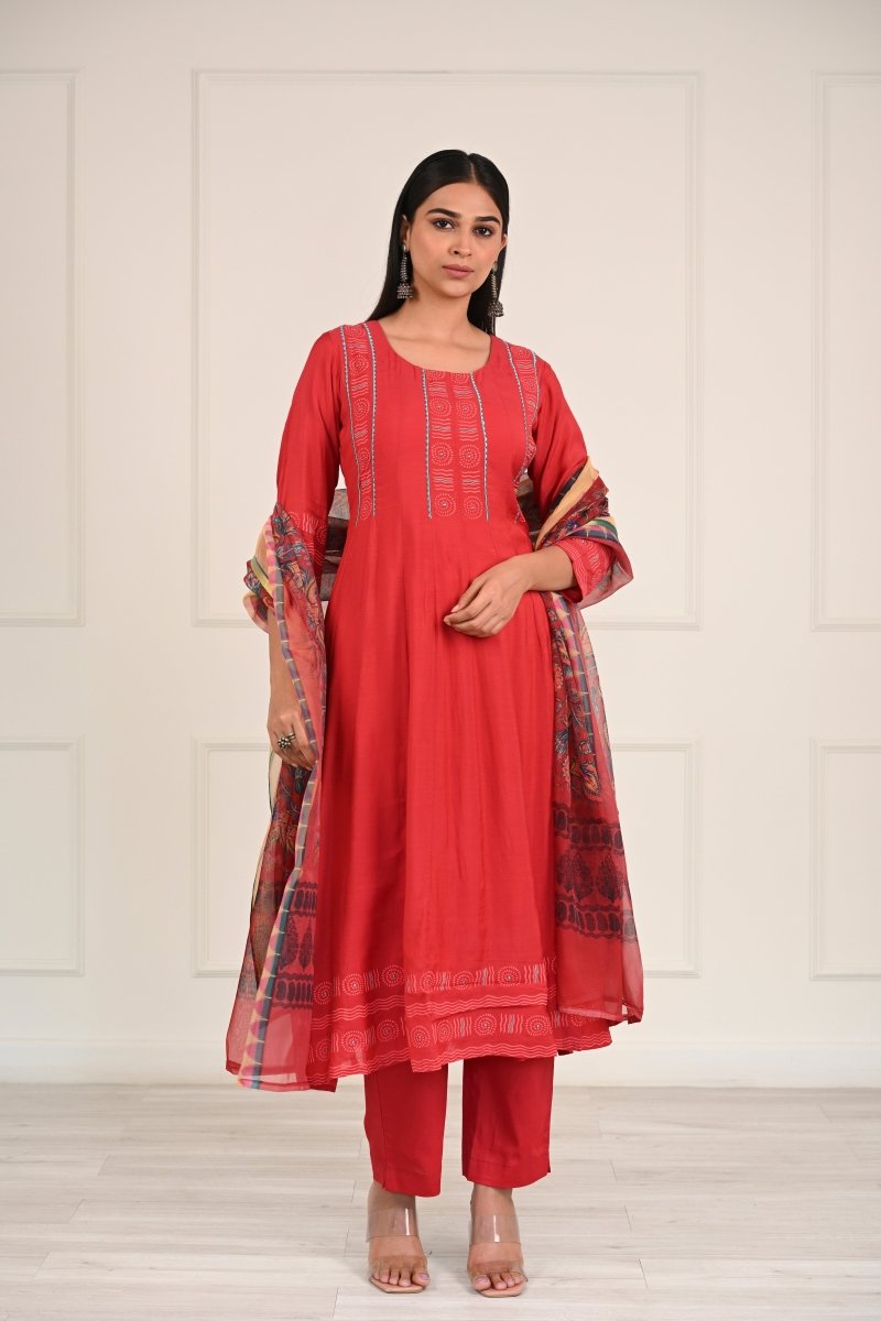PAYAL Red Malmal Anarkali Suit Set with Block Print Detailing - Payal