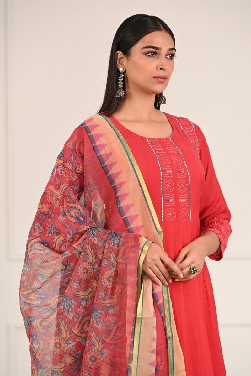 PAYAL Red Malmal Anarkali Suit Set with Block Print Detailing - Payal