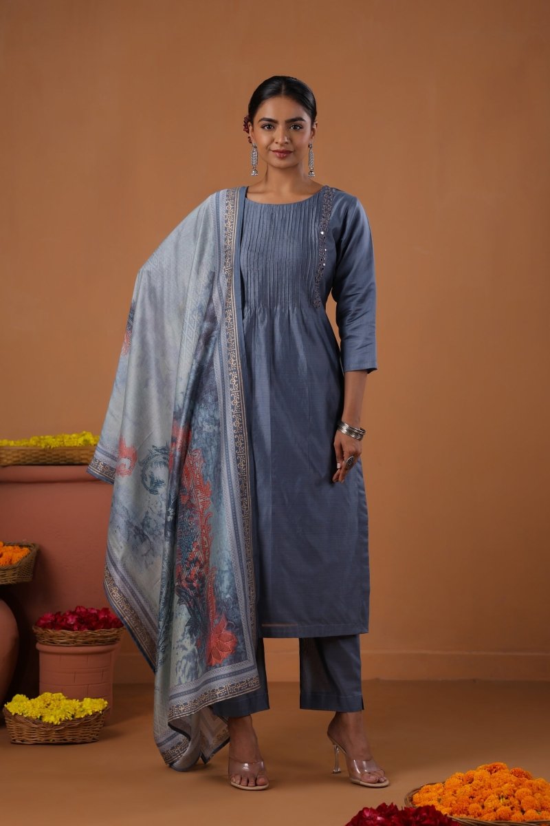 PAYAL Steel Blue Kurta Suit Set with Khat Embroidery Design - Payal