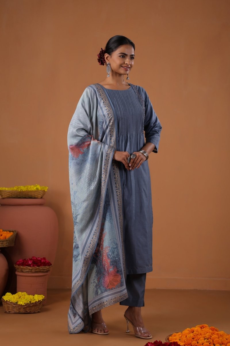 PAYAL Steel Blue Kurta Suit Set with Khat Embroidery Design - Payal