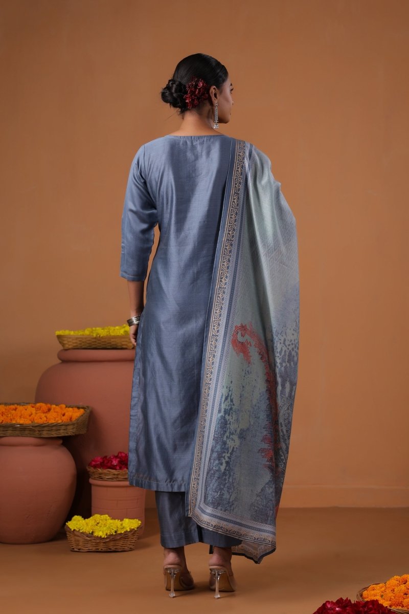 PAYAL Steel Blue Kurta Suit Set with Khat Embroidery Design - Payal