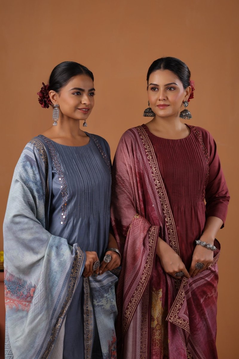 PAYAL Steel Blue Kurta Suit Set with Khat Embroidery Design - Payal