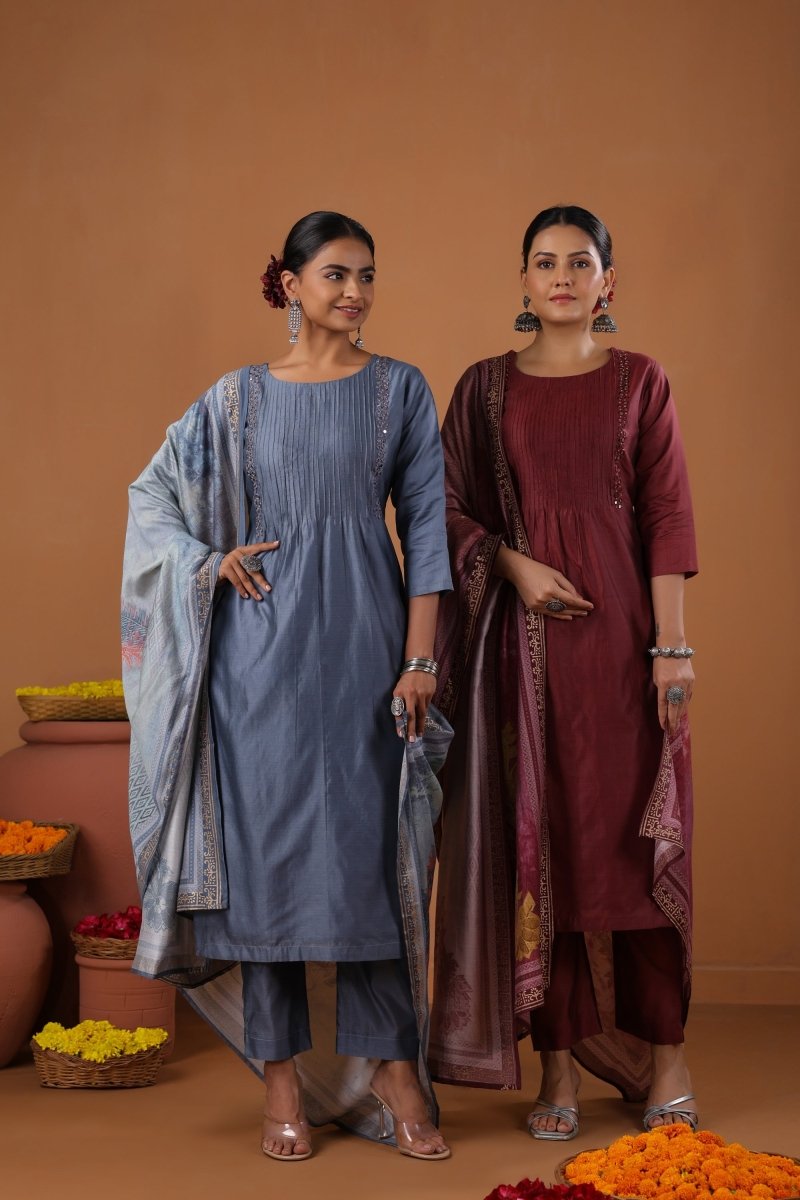 PAYAL Steel Blue Kurta Suit Set with Khat Embroidery Design - Payal