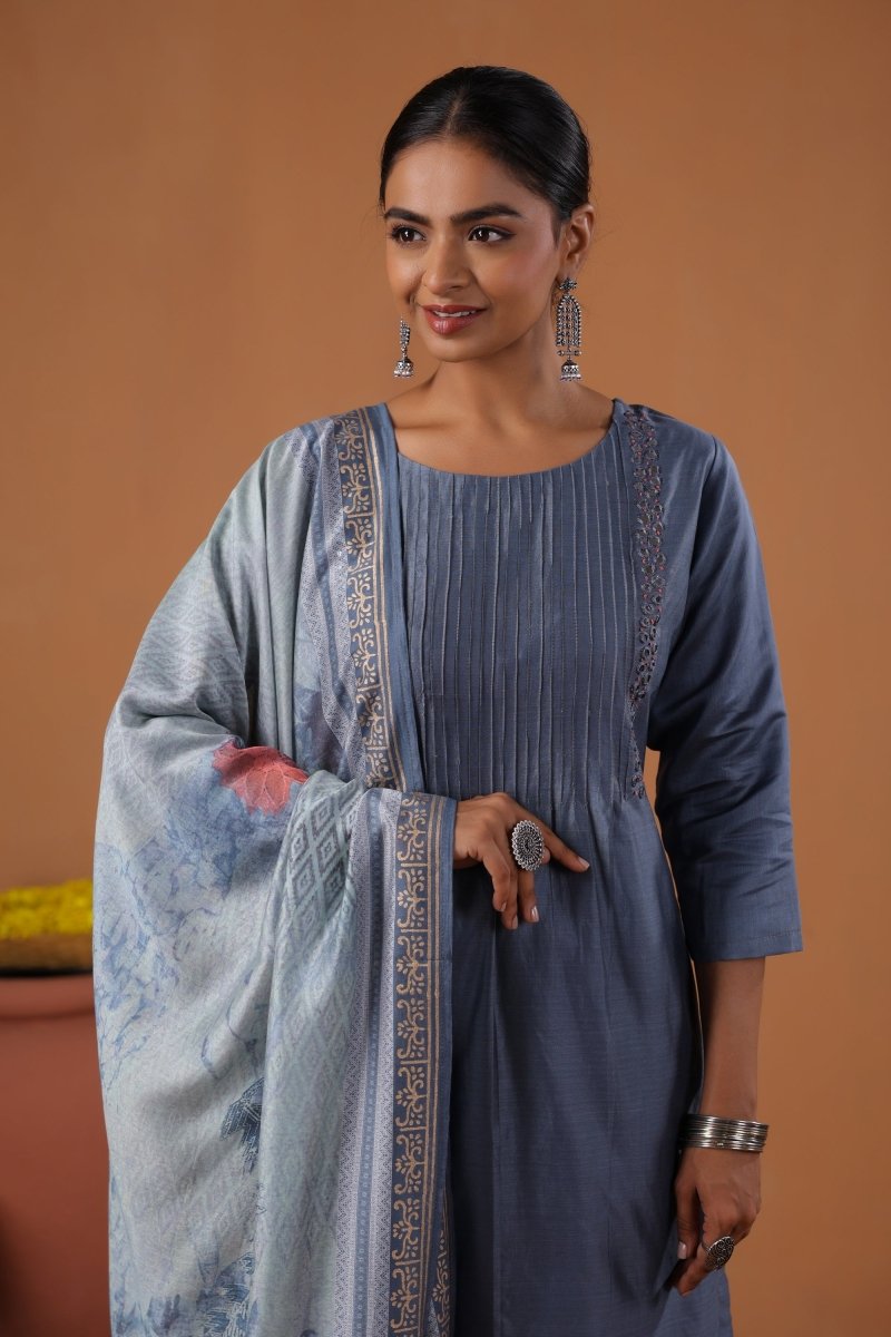 PAYAL Steel Blue Kurta Suit Set with Khat Embroidery Design - Payal